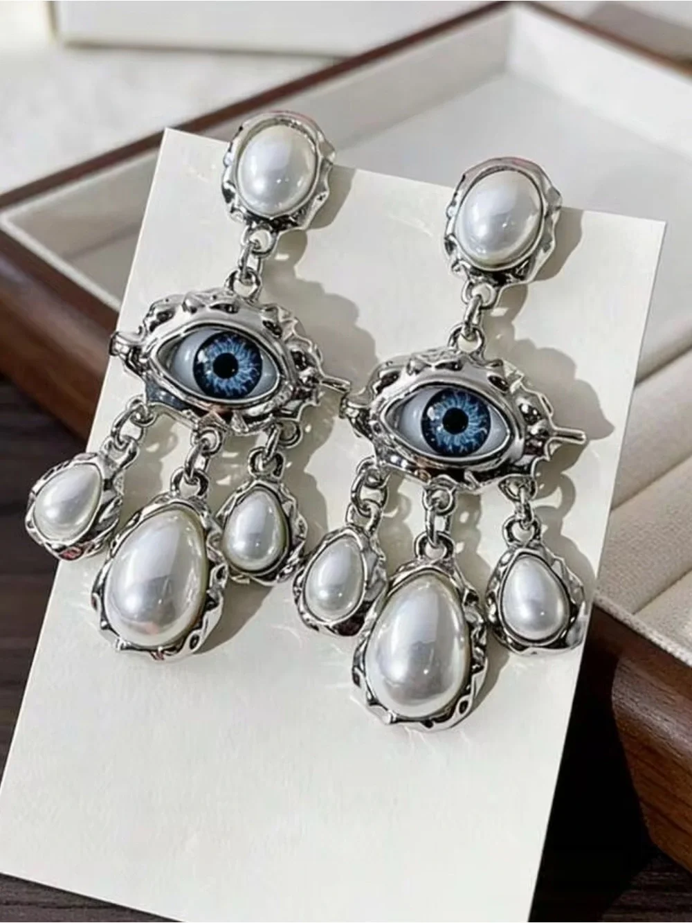 New! Silver Drop Baroque Style Pearls with Blue Evil Eye Chandelier Earrings